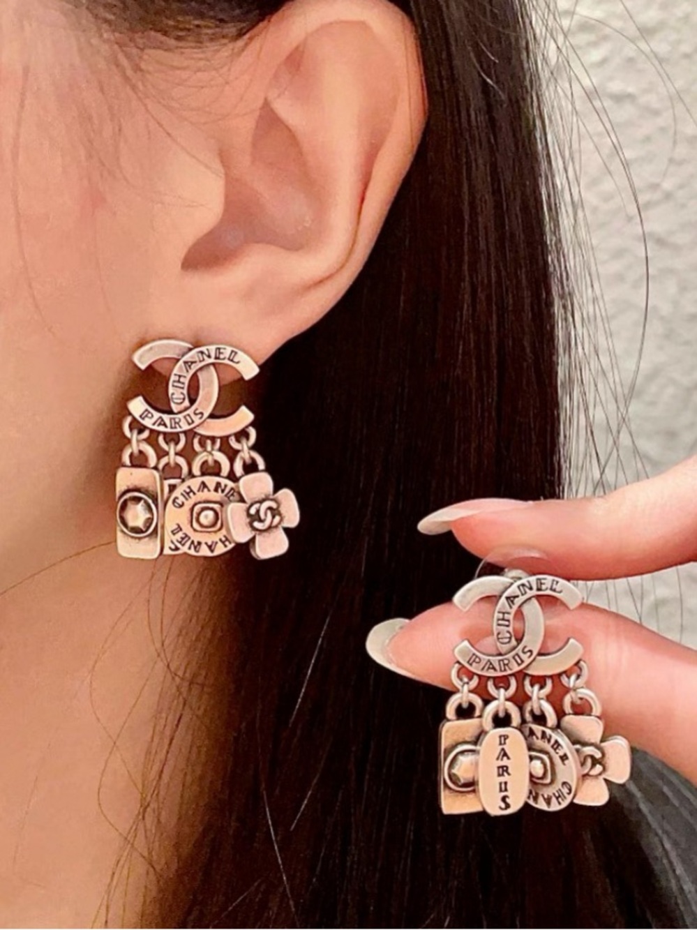 Double C Mini Charm Dangle Earrings Metal Silver- Tone For Pierced Ears